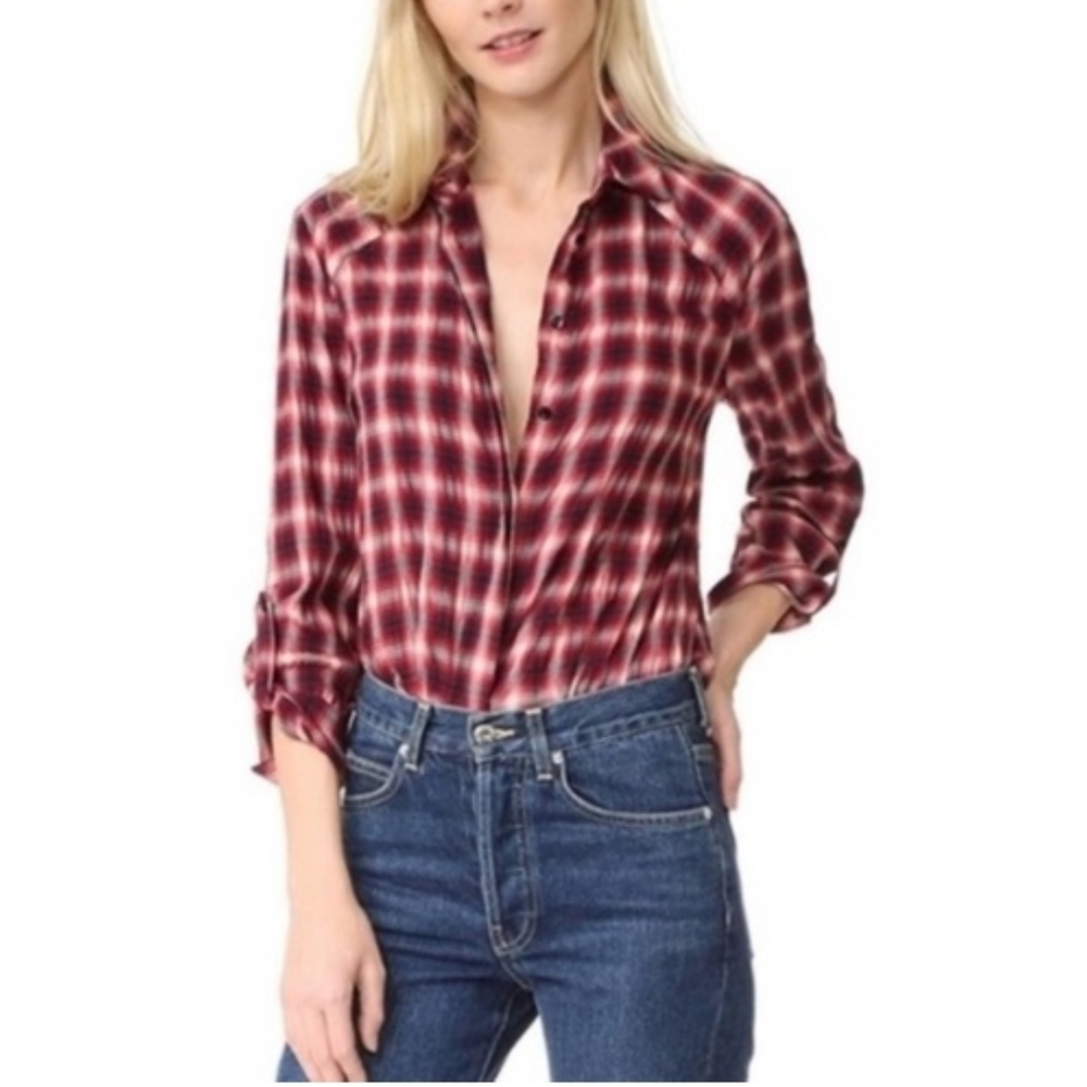 Alice + olivia red and white  crinkle plaid button down XS